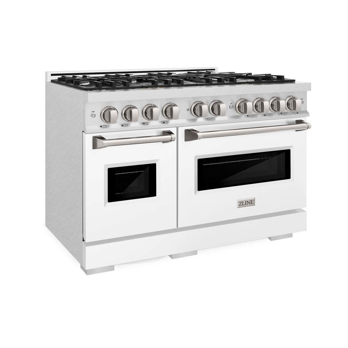 ZLINE 48 in. 6.7 cu. ft. Classic Double Oven Gas Range with 8 Burner Cooktop in Satin Stainless Steel with White Matte Doors (CGRS-WM-48)