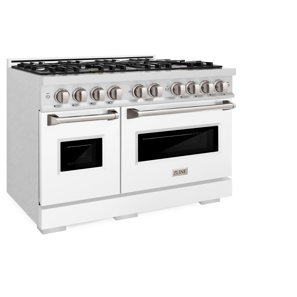 ZLINE 48 in. 6.7 cu. ft. Classic Double Oven Gas Range with 8 Burner Cooktop in Satin Stainless Steel with White Matte Doors (CGRS-WM-48)