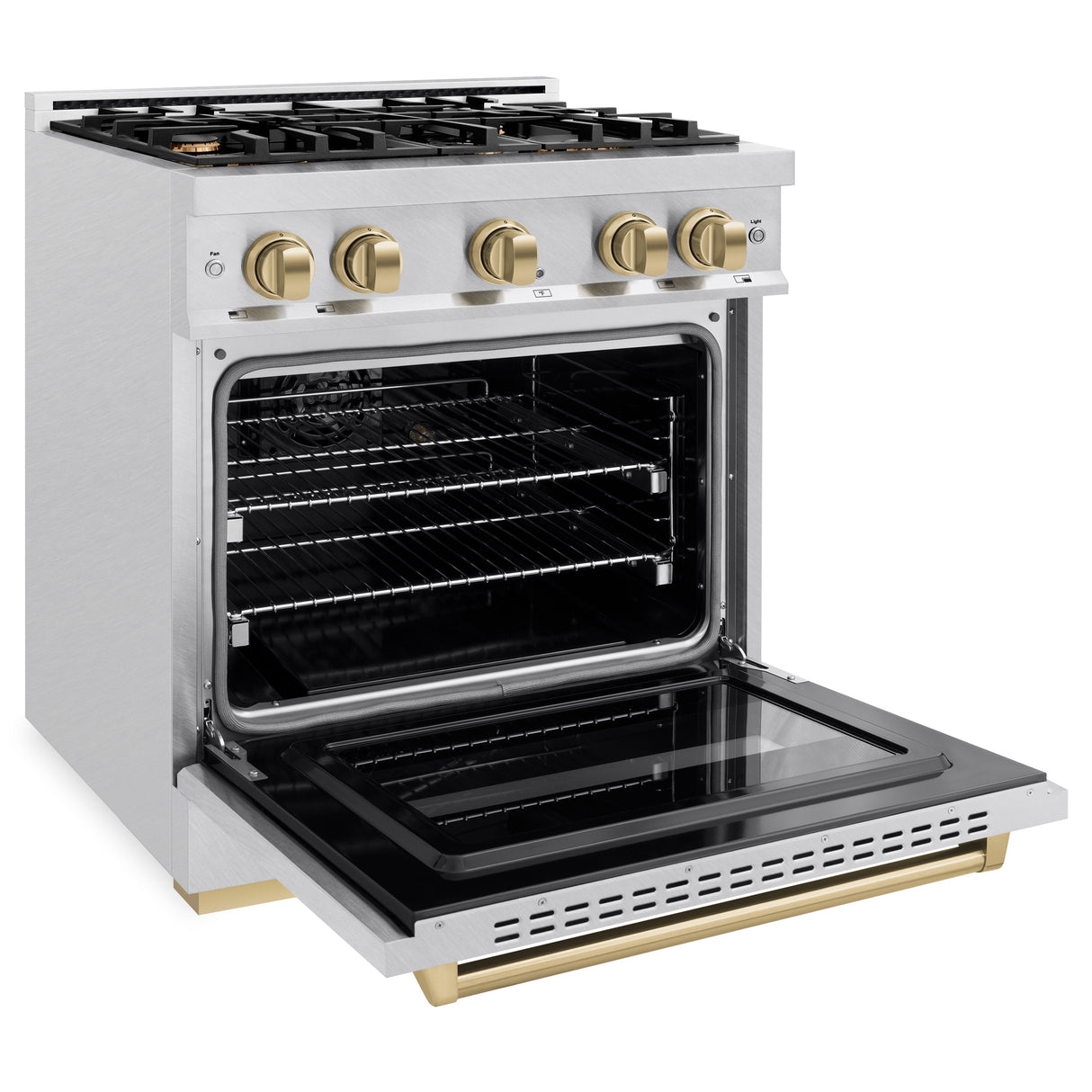 ZLINE Autograph Edition 30 in. 4.2 cu. ft. Classic Gas Range with 4 Burner Cooktop and Convection Gas Oven in Satin Stainless Steel and Champagne Bronze Accents (CGRSZ-30-CB)