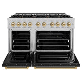 ZLINE Autograph Edition 48 in. 6.7 cu. ft. Classic Double Oven Gas Range with 8 Burner Cooktop in Satin Stainless Steel with Black Matte Doors and Champagne Bronze Accents (CGRSZ-BLM-48-CB)