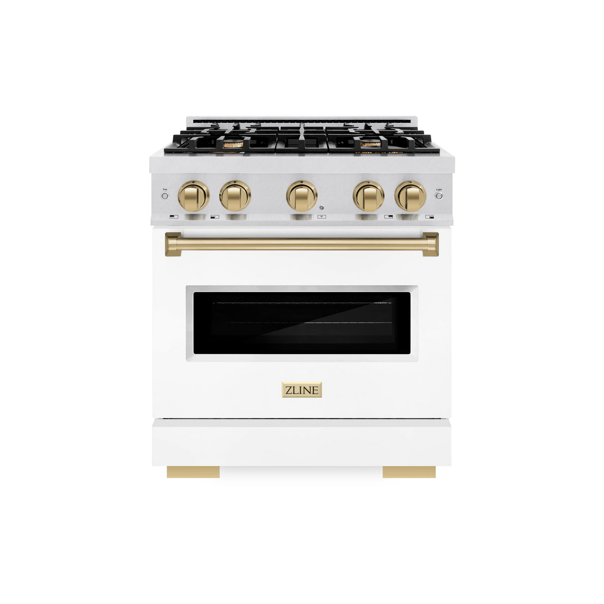 ZLINE Autograph Edition 30 in. 4.2 cu. ft. Classic Gas Range with 4 Burner Cooktop and Convection Gas Oven in Satin Stainless Steel with White Matte Door and Champagne Bronze Accents (CGRSZ-WM-30-CB)