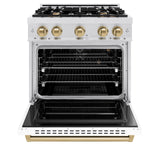ZLINE Autograph Edition 30 in. 4.2 cu. ft. Classic Gas Range with 4 Burner Cooktop and Convection Gas Oven in Satin Stainless Steel with White Matte Door and Champagne Bronze Accents (CGRSZ-WM-30-CB)