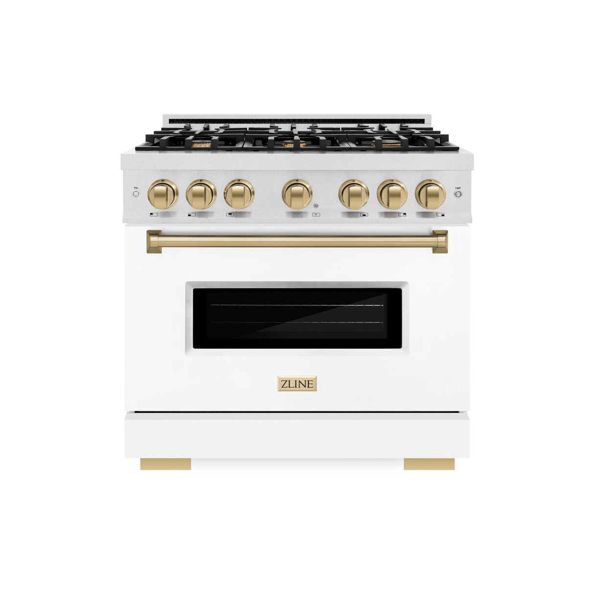 ZLINE Autograph Edition 36 in. 5.2 cu. ft. Classic Gas Range with 6 Burner Cooktop and Convection Gas Oven in Satin Stainless Steel with White Matte Door and Champagne Bronze Accents (CGRSZ-WM-36-CB)