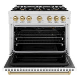 ZLINE Autograph Edition 36 in. 5.2 cu. ft. Classic Gas Range with 6 Burner Cooktop and Convection Gas Oven in Satin Stainless Steel with White Matte Door and Champagne Bronze Accents (CGRSZ-WM-36-CB)