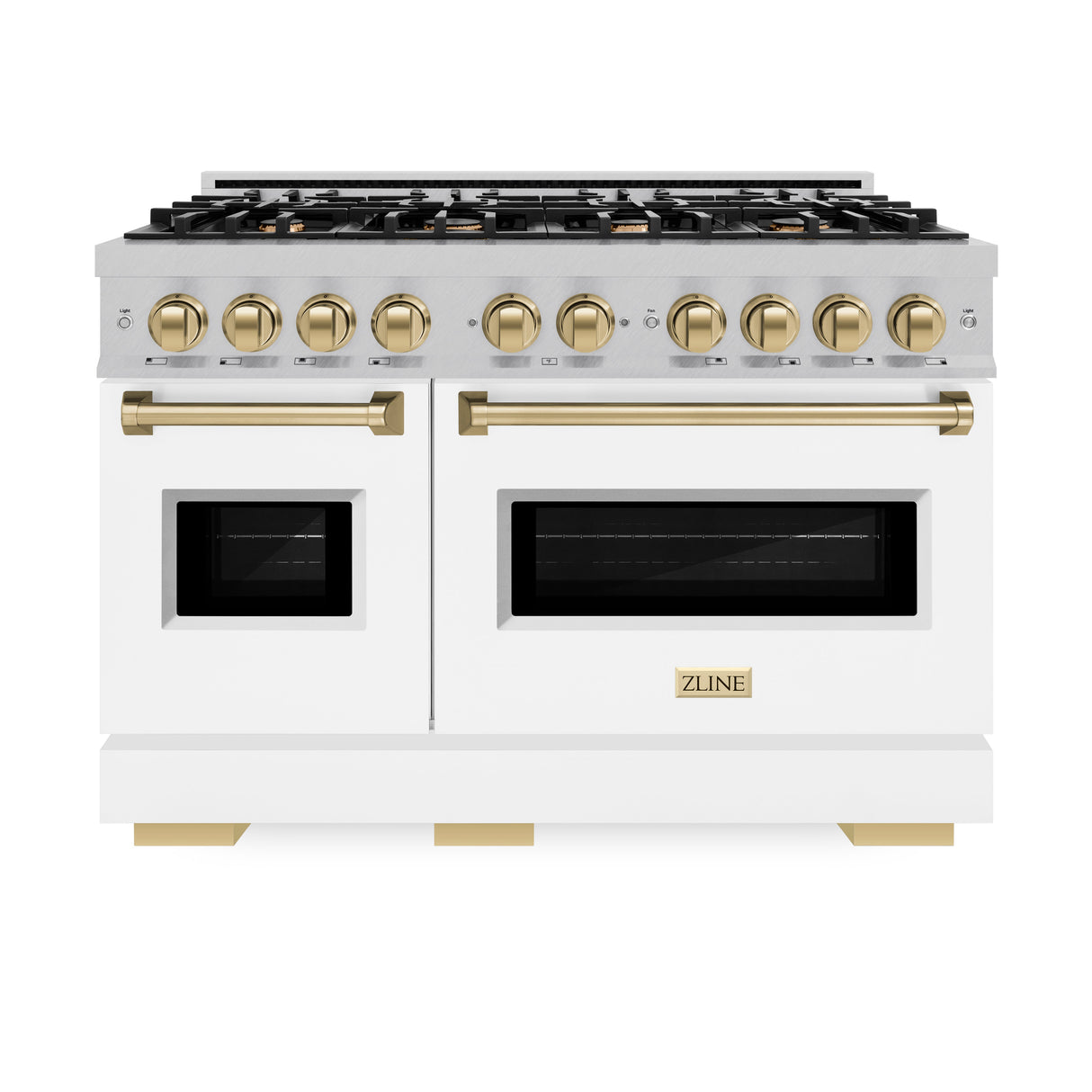 ZLINE Autograph Edition 48 in. 6.7 cu. ft. Classic Double Oven Gas Range with 8 Burner Cooktop in Satin Stainless Steel with White Matte Doors and Champagne Bronze Accents (CGRSZ-WM-48-CB)