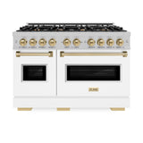 ZLINE Autograph Edition 48 in. 6.7 cu. ft. Classic Double Oven Gas Range with 8 Burner Cooktop in Satin Stainless Steel with White Matte Doors and Champagne Bronze Accents (CGRSZ-WM-48-CB)