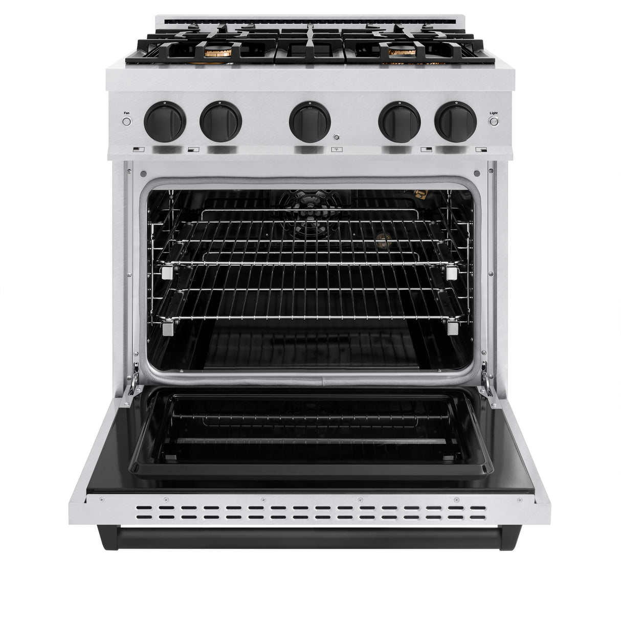 ZLINE Autograph Edition 30 in. 4.2 cu. ft. Classic Gas Range with 4 Burner Cooktop and Convection Gas Oven in Satin Stainless Steel with White Matte Door and Matte Black Accents (CGRSZ-WM-30-MB)