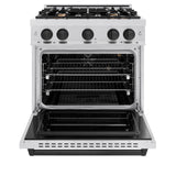 ZLINE Autograph Edition 30 in. 4.2 cu. ft. Classic Gas Range with 4 Burner Cooktop and Convection Gas Oven in Satin Stainless Steel with White Matte Door and Matte Black Accents (CGRSZ-WM-30-MB)