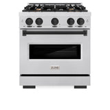 ZLINE Autograph Edition 30 in. 4.2 cu. ft. Classic Gas Range with 4 Burner Cooktop and Convection Gas Oven in Satin Stainless Steel with White Matte Door and Matte Black Accents (CGRSZ-WM-30-MB)