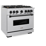 ZLINE Autograph Edition 36 in. 5.2 cu. ft. Classic Gas Range with 6 Burner Cooktop and Convection Gas Oven in Satin Stainless Steel and Matte Black Accents (CGRSZ-36-MB)