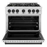 ZLINE Autograph Edition 36 in. 5.2 cu. ft. Classic Gas Range with 6 Burner Cooktop and Convection Gas Oven in Satin Stainless Steel with White Matte Door and Matte Black Accents (CGRSZ-WM-36-MB)