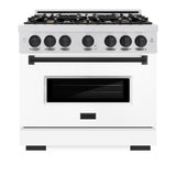 ZLINE Autograph Edition 36 in. 5.2 cu. ft. Classic Gas Range with 6 Burner Cooktop and Convection Gas Oven in Satin Stainless Steel with White Matte Door and Matte Black Accents (CGRSZ-WM-36-MB)