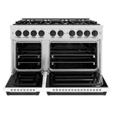 ZLINE Autograph Edition 48 in. 6.7 cu. ft. Classic Double Oven Gas Range with 8 Burner Cooktop in Satin Stainless Steel with White Matte Doors and Matte Black Accents (CGRSZ-WM-48-MB)