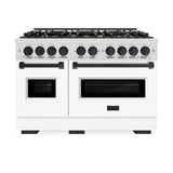 ZLINE Autograph Edition 48 in. 6.7 cu. ft. Classic Double Oven Gas Range with 8 Burner Cooktop in Satin Stainless Steel with White Matte Doors and Matte Black Accents (CGRSZ-WM-48-MB)