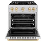 ZLINE Autograph Edition 30 in. 4.2 cu. ft. Classic Gas Range with 4 Burner Cooktop and Convection Gas Oven in Satin Stainless Steel and Polished Gold Accents (CGRSZ-30-G)