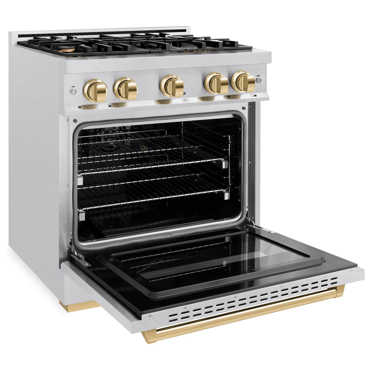 ZLINE Autograph Edition 30 in. 4.2 cu. ft. Classic Gas Range with 4 Burner Cooktop and Convection Gas Oven in Satin Stainless Steel and Polished Gold Accents (CGRSZ-30-G)