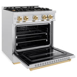 ZLINE Autograph Edition 30 in. 4.2 cu. ft. Classic Gas Range with 4 Burner Cooktop and Convection Gas Oven in Satin Stainless Steel and Polished Gold Accents (CGRSZ-30-G)