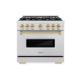 ZLINE Autograph Edition 36 in. 5.2 cu. ft. Classic Gas Range with 6 Burner Cooktop and Convection Gas Oven in Satin Stainless Steel and Polished Gold Accents (CGRSZ-36-G)