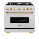 ZLINE Autograph Edition 36 in. 5.2 cu. ft. Classic Gas Range with 6 Burner Cooktop and Convection Gas Oven in Satin Stainless Steel and Polished Gold Accents (CGRSZ-36-G)