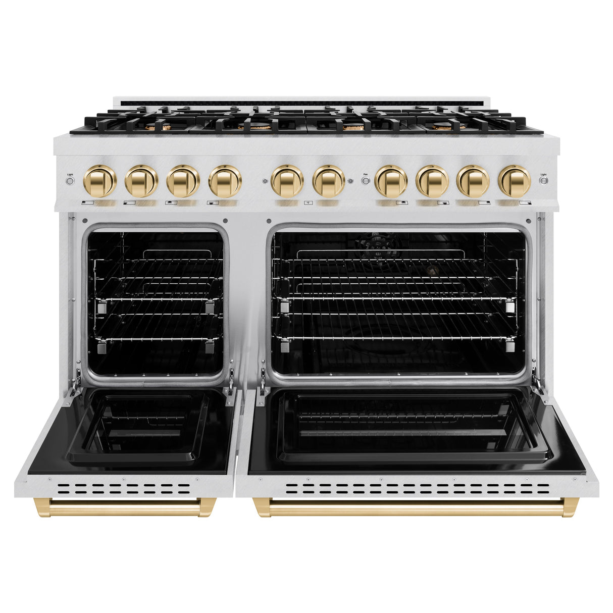 ZLINE Autograph Edition 48 in. 6.7 cu. ft. Classic Double Oven Gas Range with 8 Burner Cooktop in Satin Stainless Steel and Polished Gold Accents (CGRSZ-48-G)