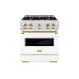 ZLINE Autograph Edition 30 in. 4.2 cu. ft. Classic Gas Range with 4 Burner Cooktop and Convection Gas Oven in Satin Stainless Steel with White Matte Door and Polished Gold Accents (CGRSZ-WM-30-G)