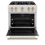 ZLINE Autograph Edition 30 in. 4.2 cu. ft. Classic Gas Range with 4 Burner Cooktop and Convection Gas Oven in Satin Stainless Steel with White Matte Door and Polished Gold Accents (CGRSZ-WM-30-G)
