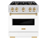 ZLINE Autograph Edition 30 in. 4.2 cu. ft. Classic Gas Range with 4 Burner Cooktop and Convection Gas Oven in Satin Stainless Steel with White Matte Door and Polished Gold Accents (CGRSZ-WM-30-G)