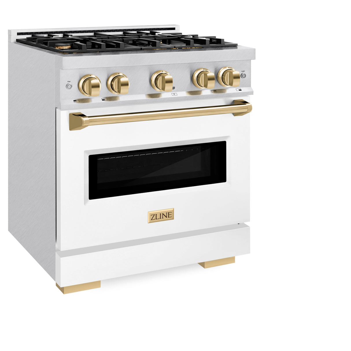 ZLINE Autograph Edition 30 in. 4.2 cu. ft. Classic Gas Range with 4 Burner Cooktop and Convection Gas Oven in Satin Stainless Steel with White Matte Door and Polished Gold Accents (CGRSZ-WM-30-G)