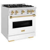 ZLINE Autograph Edition 30 in. 4.2 cu. ft. Classic Gas Range with 4 Burner Cooktop and Convection Gas Oven in Satin Stainless Steel with White Matte Door and Polished Gold Accents (CGRSZ-WM-30-G)
