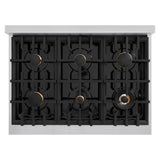 ZLINE Autograph Edition 36 in. 5.2 cu. ft. Classic Dual Fuel Range with 6 Burner Gas Cooktop and Electric Convection Oven in Stainless Steel with Black Matte Door and Champagne Bronze Accents (CDRZ-BLM-36-CB)