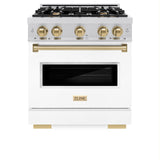 ZLINE Autograph Edition 30 in. 4.2 cu. ft. Classic Gas Range with 4 Burner Cooktop and Convection Gas Oven in Stainless Steel with White Matte Door and Champagne Bronze Accents (CGRZ-WM-30-CB)
