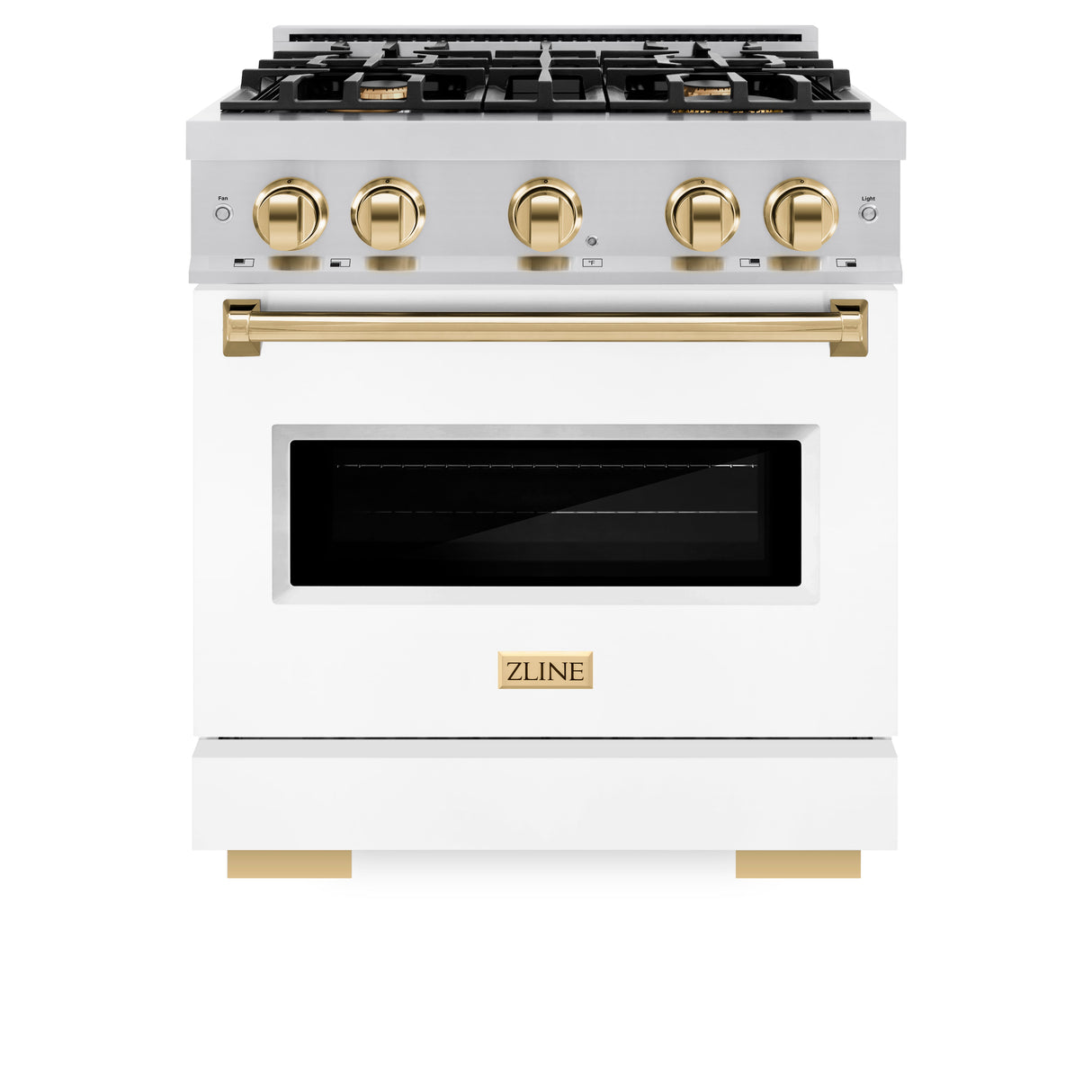 ZLINE Autograph Edition 30 in. 4.2 cu. ft. Classic Gas Range with 4 Burner Cooktop and Convection Gas Oven in Stainless Steel with White Matte Door and Polished Gold Accents (CGRZ-WM-30-G)