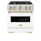 ZLINE Autograph Edition 30 in. 4.2 cu. ft. Classic Gas Range with 4 Burner Cooktop and Convection Gas Oven in Stainless Steel with White Matte Door and Polished Gold Accents (CGRZ-WM-30-G)