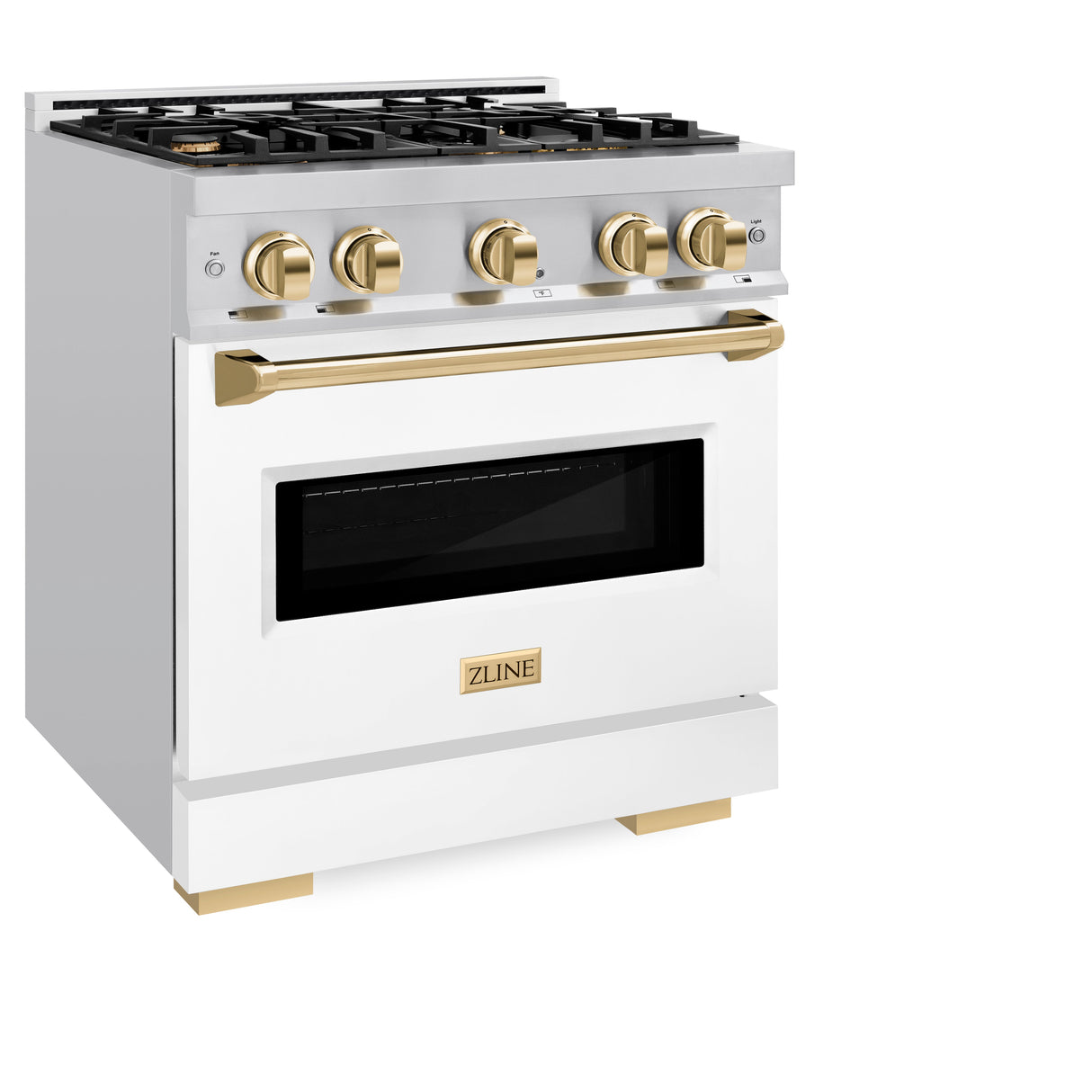ZLINE Autograph Edition 30 in. 4.2 cu. ft. Classic Gas Range with 4 Burner Cooktop and Convection Gas Oven in Satin Stainless Steel with White Matte Door and Polished Gold Accents (CGRSZ-WM-30-G)