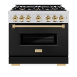 ZLINE Autograph Edition 36 in. 5.2 cu. ft. Classic Gas Range with 6 Burner Cooktop and Convection Gas Oven in Stainless Steel with Black Matte Door and Polished Gold Accents (CGRZ-BLM-36-G)