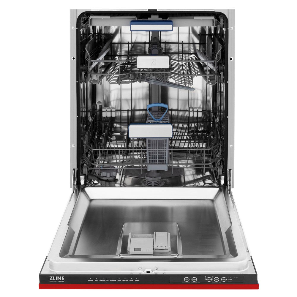 ZLINE 24 in. Tallac Series 3rd Rack Dishwasher with Red Matte Panel and Traditional Handle, 51dBa (DWV-RM-24)