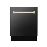 ZLINE Autograph Edition 24" Tallac Series 3rd Rack Top Control Built-In Tall Tub Dishwasher in Black Stainless Steel with Polished Gold Handle, 51dBa (DWVZ-BS-24-G)