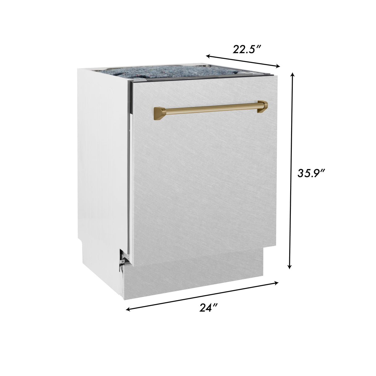 ZLINE Autograph Edition 24 in. Tallac Series 3rd Rack Top Control Built-In Tall Tub Dishwasher with Satin Stainless Steel Panel and Champagne Bronze Handle, 51dBa (DWVZ-SN-24-CB)