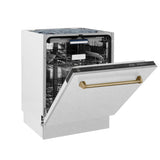 ZLINE Autograph Edition 24 in. Tallac Series 3rd Rack Top Control Built-In Tall Tub Dishwasher with Satin Stainless Steel Panel and Champagne Bronze Handle, 51dBa (DWVZ-SN-24-CB)