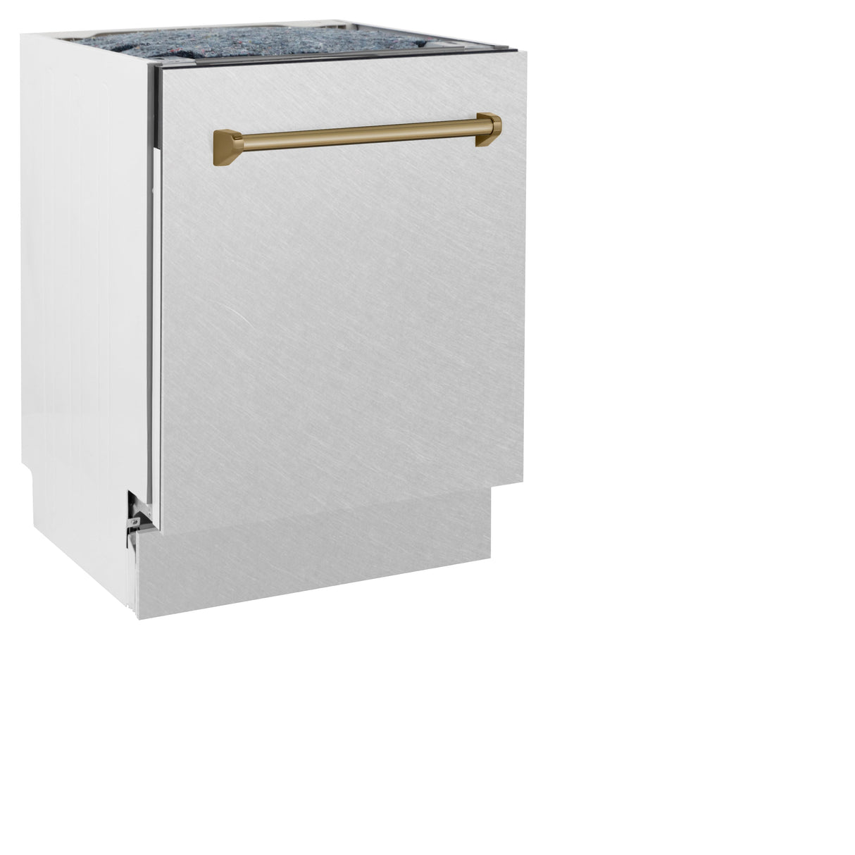 ZLINE Autograph Edition 24 in. Tallac Series 3rd Rack Top Control Built-In Tall Tub Dishwasher with Satin Stainless Steel Panel and Champagne Bronze Handle, 51dBa (DWVZ-SN-24-CB)
