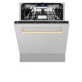 ZLINE Autograph Edition 24 in. Tallac Series 3rd Rack Top Control Built-In Tall Tub Dishwasher with Satin Stainless Steel Panel and Polished Gold Handle, 51dBa (DWVZ-SN-24-G)