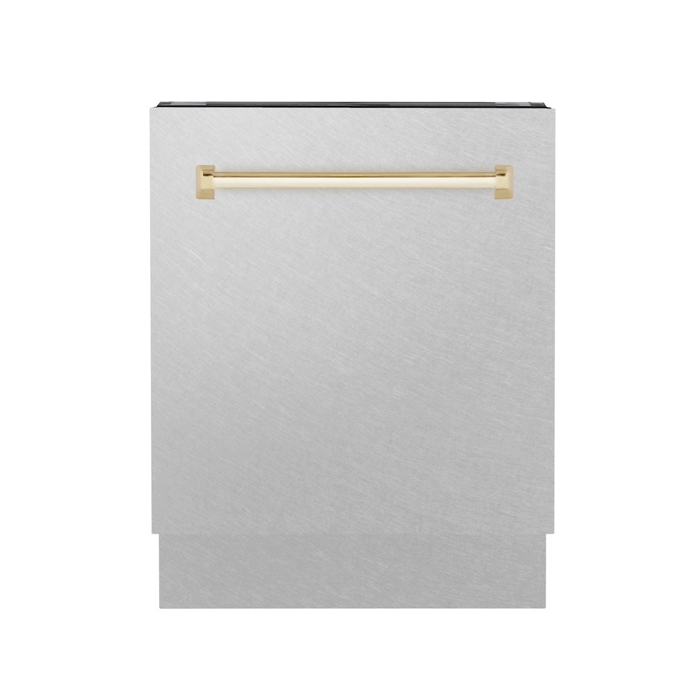 ZLINE Autograph Edition 24 in. Tallac Series 3rd Rack Top Control Built-In Tall Tub Dishwasher with Satin Stainless Steel Panel and Polished Gold Handle, 51dBa (DWVZ-SN-24-G)