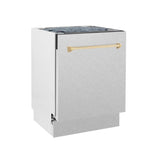 ZLINE Autograph Edition 24 in. Tallac Series 3rd Rack Top Control Built-In Tall Tub Dishwasher with Satin Stainless Steel Panel and Polished Gold Handle, 51dBa (DWVZ-SN-24-G)