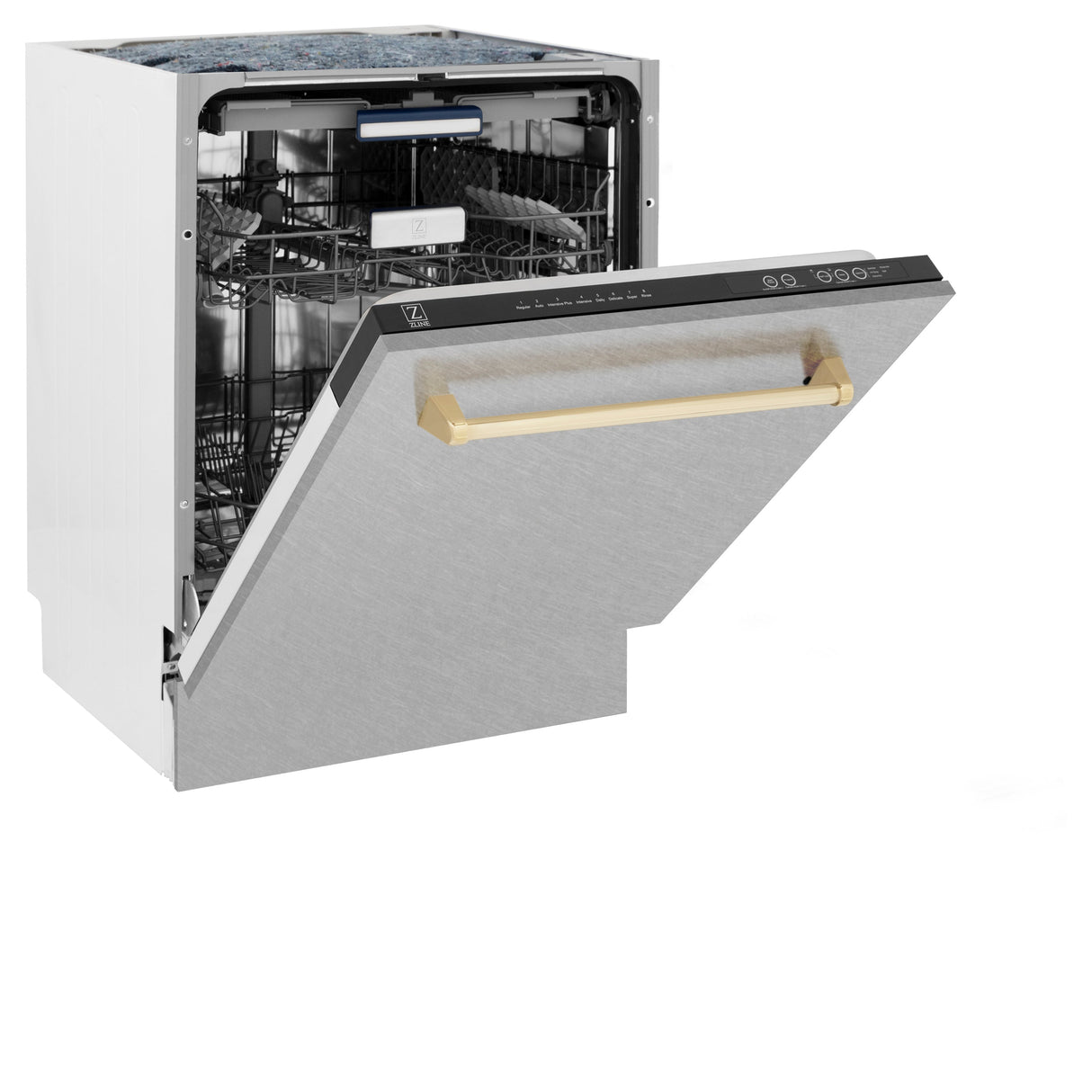 ZLINE Autograph Edition 24 in. Tallac Series 3rd Rack Top Control Built-In Tall Tub Dishwasher with Satin Stainless Steel Panel and Polished Gold Handle, 51dBa (DWVZ-SN-24-G)