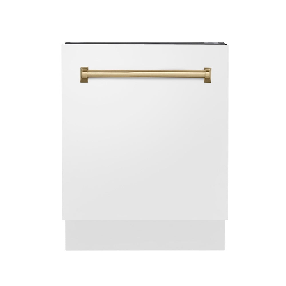 ZLINE Autograph Edition 24" Tallac Series 3rd Rack Top Control Built-In Tall Tub Dishwasher in White Matte with Champagne Bronze Handle, 51dBa (DWVZ-WM-24-CB)