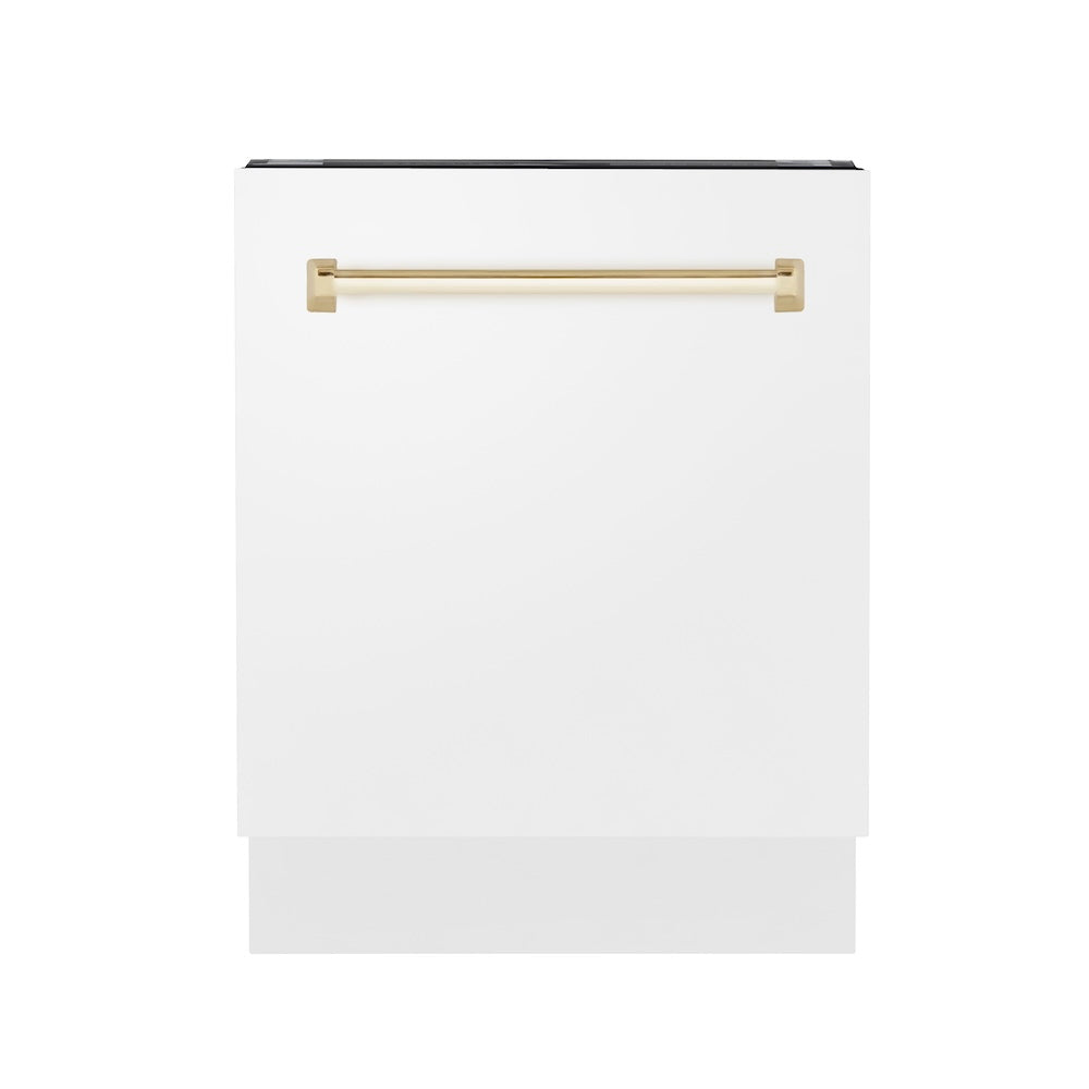 ZLINE Autograph Edition 24" Tallac Series 3rd Rack Top Control Built-In Tall Tub Dishwasher in White Matte with Polished Gold Handle, 51dBa (DWVZ-WM-24-G)