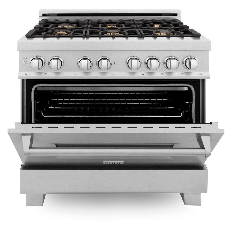 ZLINE 36 in. 4.6 cu. ft. Legacy Dual Fuel Range with Gas Cooktop and Electric Convection Oven in Satin Stainless Steel with 6 Brass Burners (RAS-SN-BR-36)
