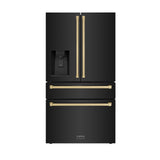 ZLINE Autograph Edition 36 in. 21.6 cu. ft Counter-Depth French Door Refrigerator with Water and Ice Dispenser in Fingerprint-Resistant Black Stainless Steel with Champagne Bronze Traditional Handles (RFMZ-W-36-BS-CB)