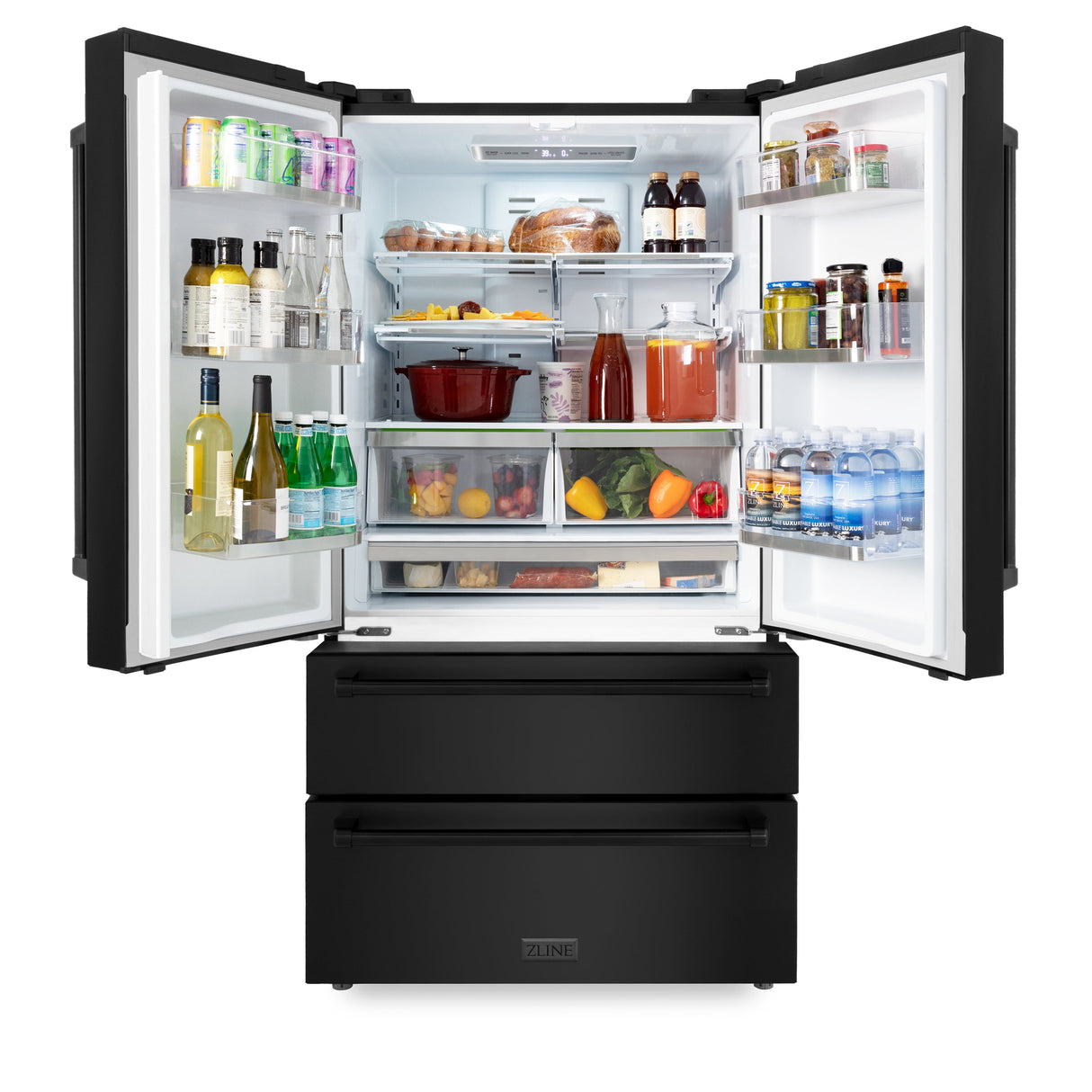 ZLINE 36 in. 21.6 cu. ft. Counter-Depth French Door Refrigerator with Water and Ice Dispenser with Extra Water Filter in Fingerprint-Resistant Black Stainless Steel (RFM-W-WF-36-BS)