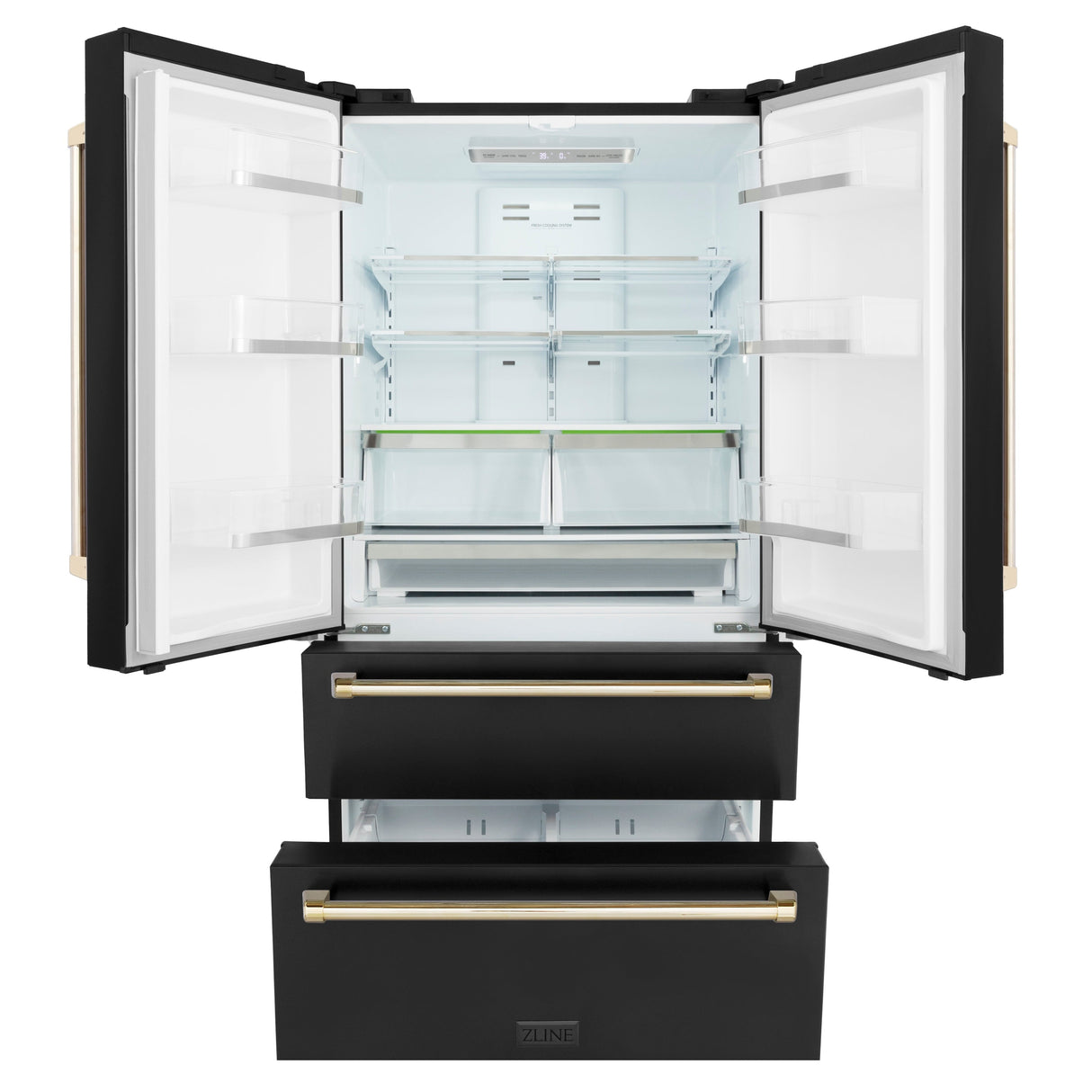 ZLINE Autograph Edition 36 in. 22.5 cu. ft. Counter-Depth French Door Refrigerator with Ice Maker in Fingerprint-Resistant Black Stainless Steel with Polished Gold Traditional Handles (RFMZ-36-BS-G)